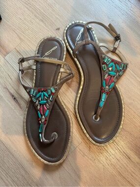Bryan Atwood Brown Jeweled Thong Sandals - Turquoise & Red Accents